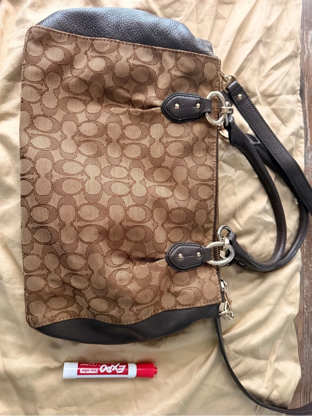 Coach Brown Signature Canvas Satchel with Dark Brown Trim